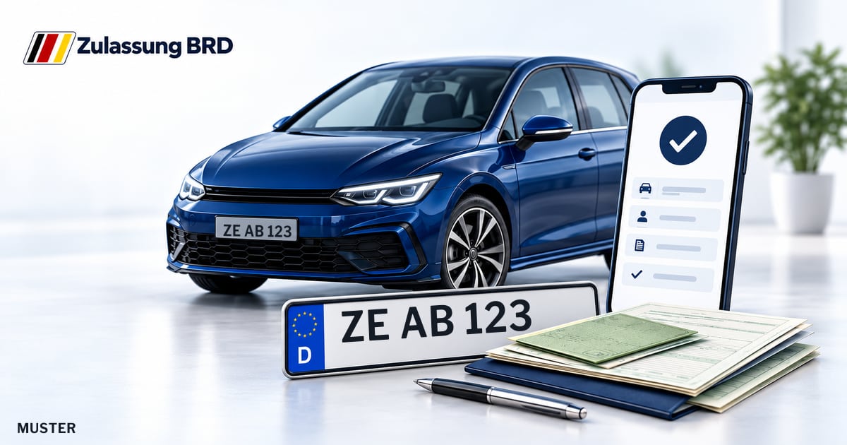 Online Fahrzeugzulassung in Landkreis Anhalt-Bitterfeld: Musterkennzeichen ZE AB 123, Auto und Fahrzeugpapiere und Smartphone. Illustration mit Logo von Zulassung BRD.